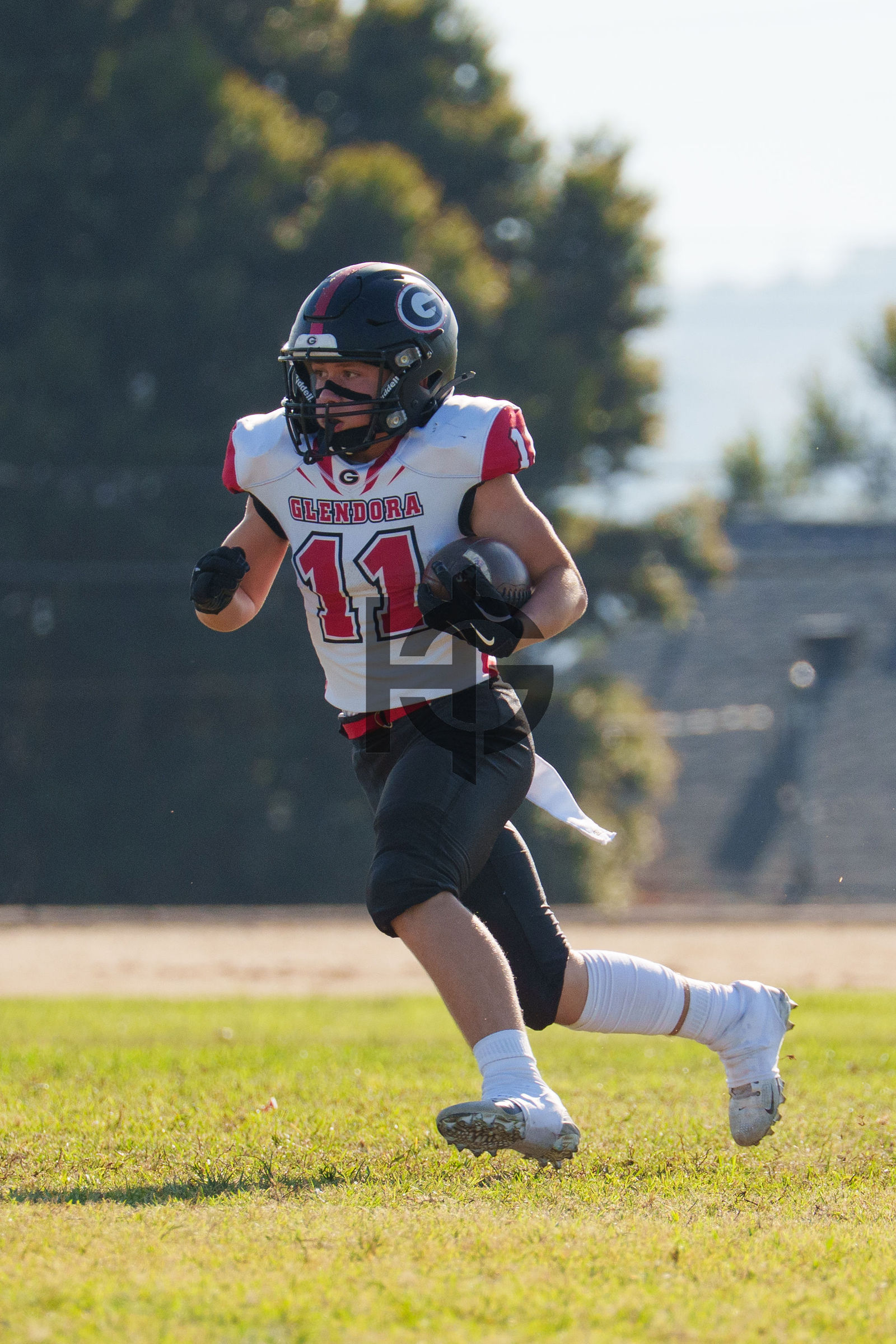 A running back in white and red carries the ball upfield
